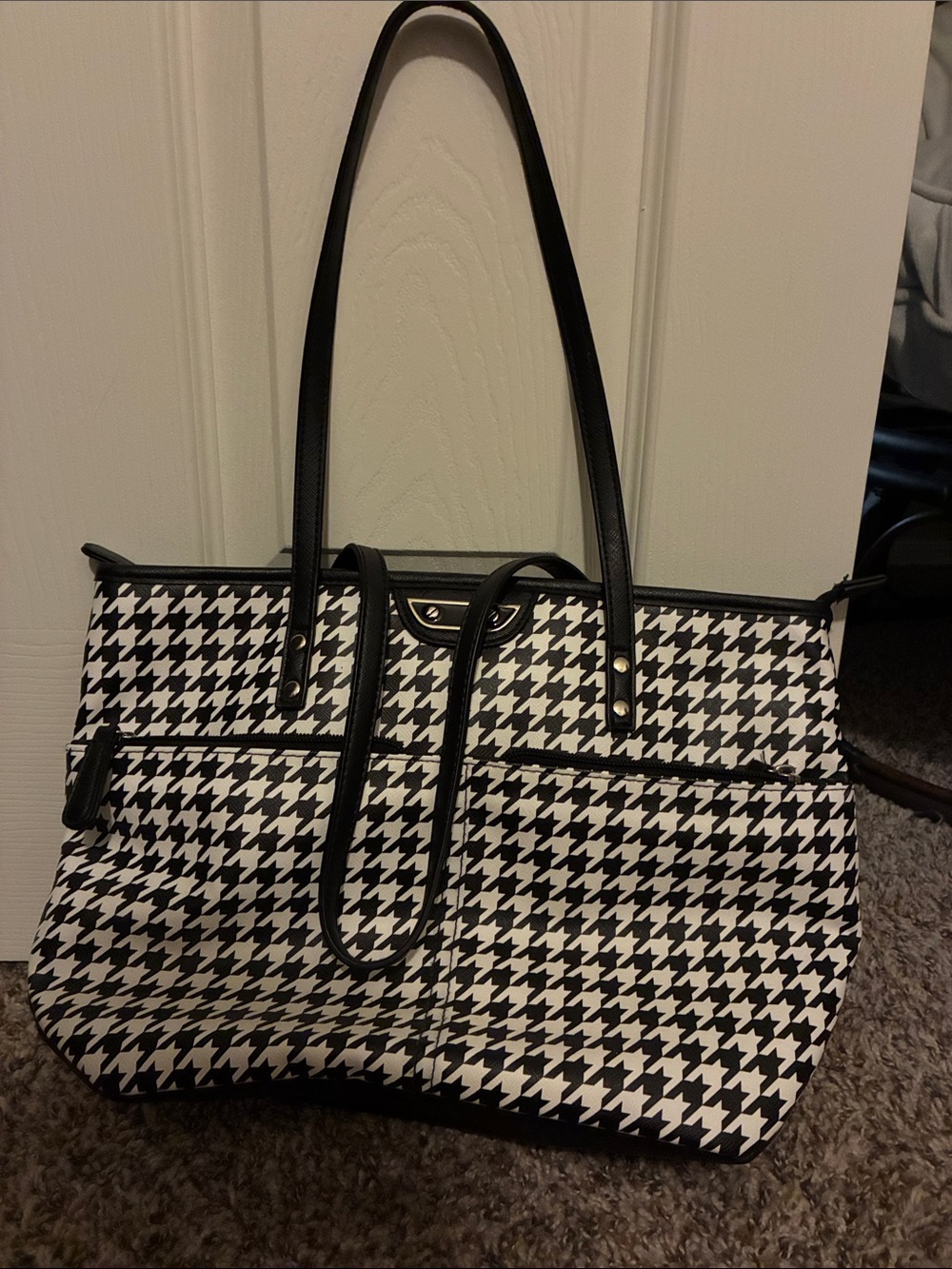 Black & White Houndstooth Tote Bag with Black Trim